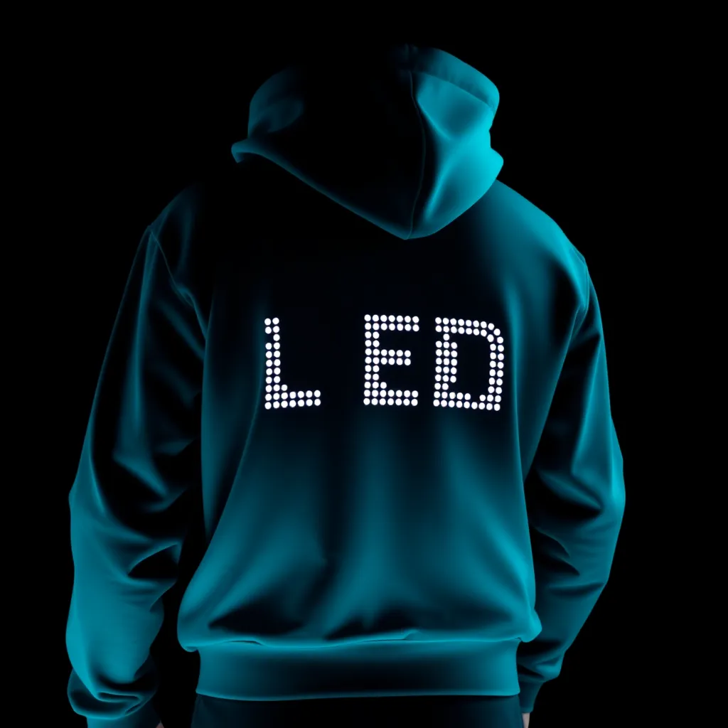 Synth Teal LED Chain logo crypto hoodie with Grey hood strings on black background