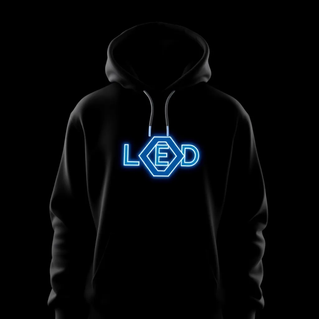Black LED Chain logo crypto hoodie with grey hood strings on black background