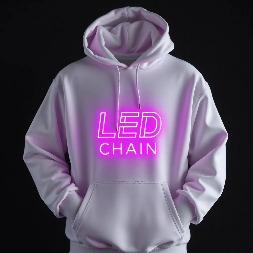 White LED Chain logo crypto hoodie with white hood strings on black background