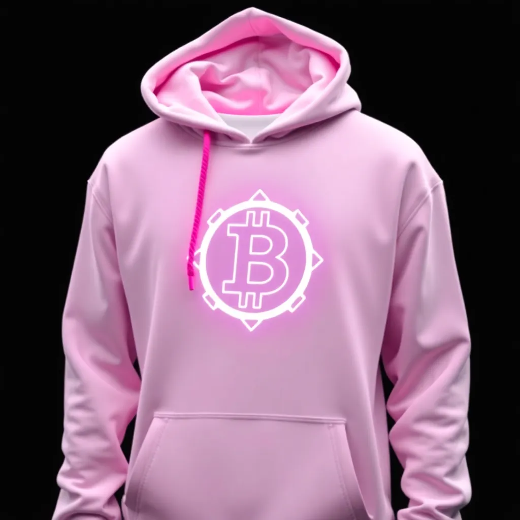 Pink Bitcoin logo crypto hoodie with neon pink hood strings on black background
